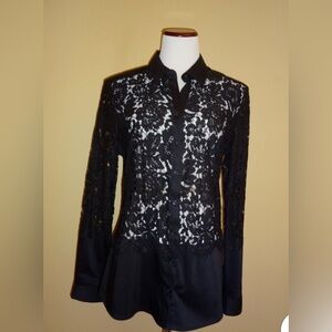 NY & Co. 7th Ave. Design Studio Black Lace Front & Sleeve Blouse / Size Lg NWT